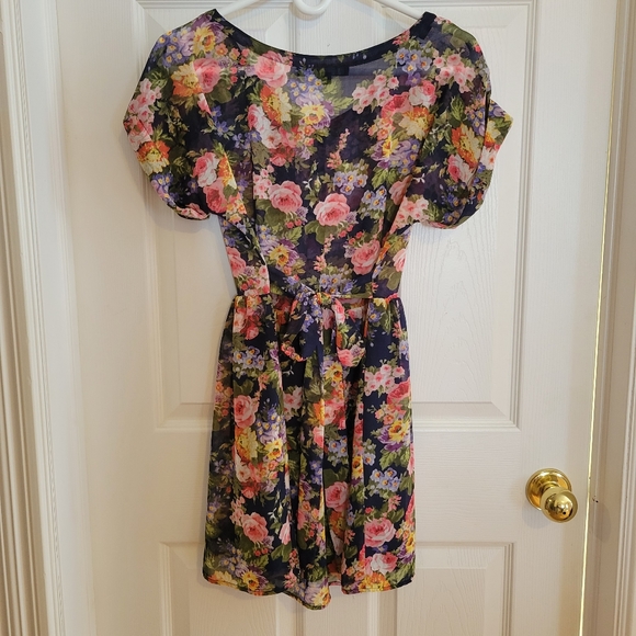 Sheer navy blue floral print button down tea dress S - Picture 6 of 6